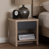 Baxton Studio JMNT0024-Hana Oak/Dark Grey-NS Jamie Modern and Contemporary Two-Tone Oak and Grey Wood 1-Drawer 1-Shelf Nightstand